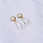Pair of earrings with gold hooks and clear Bird shaped stones on a white background