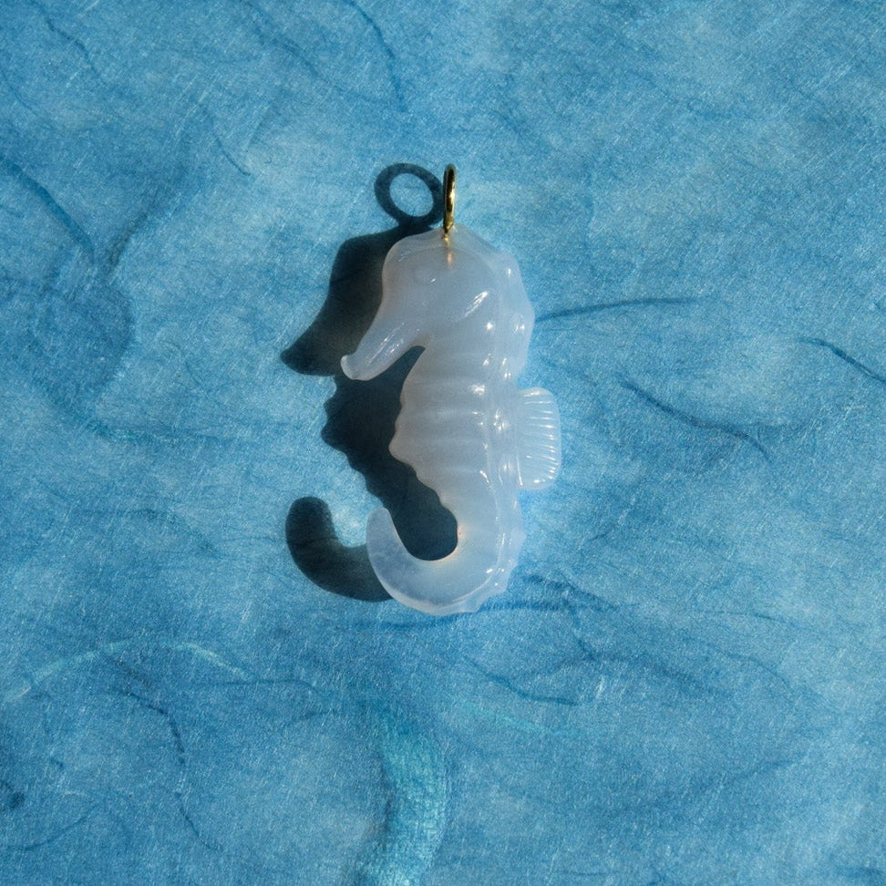 A small seahorse-shaped pendant or charm made of translucent white material, photographed on a textured blue background.